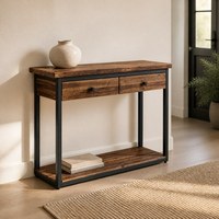 Console industrielle moderne avec deux tiroirs, finition bois, étagère de rangement pour entrée, idéale pour salon familial et usage hôtelier