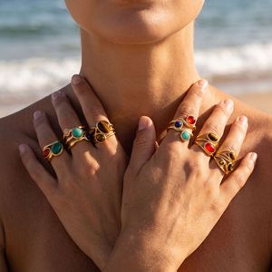 Bague ouverte vintage haut de gamme Taina pour femme, en acier inoxydable, avec pierre œil de tigre, style européen et américain, accessoire de main électroplaqué - Product Image 1