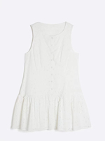 Robe Courte Décontractée à Volants et Broderies Anglaises Françaises, Col Rond, Sans Manches, Coupe Ample, Idéale pour les Vacances Printemps-Été