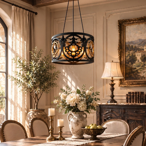 Luminaire suspendu Cervelle à 3 lumières, en forme de tambour, noir mat, avec découpes florales en métal et verre - Product Image 1