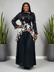 Ensemble deux pièces décontracté pour femme grande taille de style européen Miyaki <span class=keywords><strong>avec</strong></span> haut plissé imprimé tendance et <span class=keywords><strong>jupe</strong></span> <span class=keywords><strong>longue</strong></span> - Product Image 4