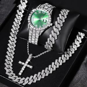 Set de 4 Relojes de Lujo para Hombre, Reloj de Pulsera con Brazalete Cubano Brillante, Collar <span class=keywords><strong>Croos</strong></span>, Reloj de Cuarzo con Diamantes Estilo Hip-Hop - Product Image 3
