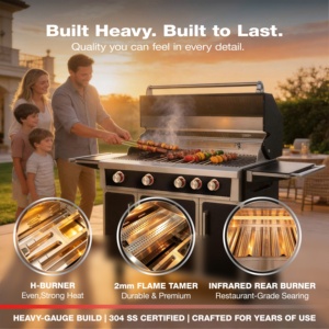 Barbecue à gaz noir de qualité supérieure à 4 brûleurs 99 000 BTU en acier inoxydable 304 pour cuisine extérieure et jardin – Stock USA - Product Image 3