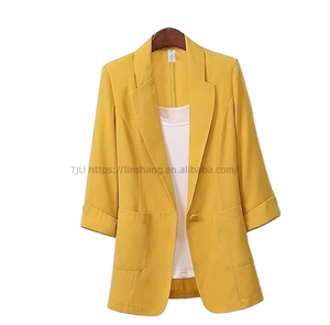 Manteau de costume décontracté pour femme en coton et lin respirant, manches 3/4, mi-longueur, grande taille, tendance - Product Image 1