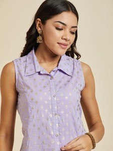 Robes de soirée indiennes pour femmes, prêtes à porter, à motifs ethniques, imprimées par décoloration, sans manches, à col rabattu, coupe trapèze, en coton brodé - Product Image 5