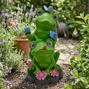 Ranas Verdes Apiladas con Detalles <span class=keywords><strong>de</strong></span> Mariposas, Alimentadas por Energía Solar - Adorno Decorativo para Jardín Resistente a la Intemperie con Ojos Iluminados - Product Image 4