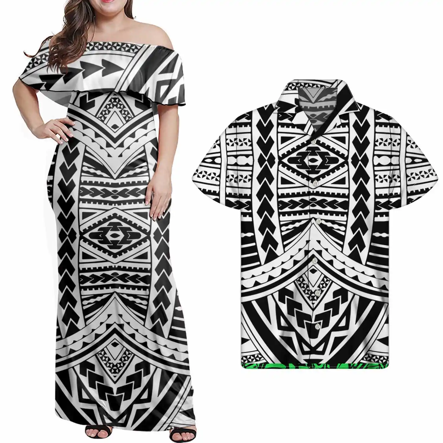 Black White Gray Polynesian Tribal Dress Geometric Stripes Print 2 pcs Sets Fashion One Shoulder Ruffle Dresses Match Men Shirts