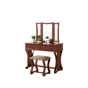 Ensemble de coiffeuse moderne en bois de cerisier avec miroir pliable et tiroirs, meubles de chambre à coucher avec tabouret - Product Image 1