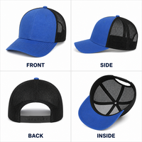 Casquette de baseball trucker bleu roi personnalisée, dos en maille noire, devant en mousse, fermeture snapback, visière incurvée réglable, vente en gros, OEM, faible MOQ