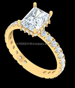 Anillo de compromiso y boda vintage de plata de ley con detalles solitarios, chapado en oro de 14K, halo oculto, engaste pavé y diamante de corte radiante. - Product Image 2