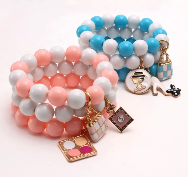 Pastel Color Beaded Bracelet with Handbag Perfume Bottle Charms Bracelet for Girls