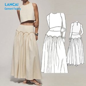 Ensemble deux pièces sur mesure OEM pour femmes, haut <span class=keywords><strong>court</strong></span> en coton et lin avec volants, jupe longue smockée - Product Image 1