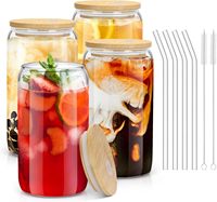 Gadgets d'été 16OZ Ice Coffee Cup Set de gobelets en verre avec couvercles en bambou et pailles Cadeau pour femmes