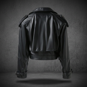 Chaqueta de moto de cuero genuino para mujer, cuello vuelto, epaulettes, manga larga, cierre de cremallera, longitud corta, venta al por mayor, impresión de LOGO personalizado - Product Image 3