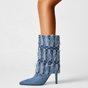 Denim Fold Over Stiletto Women High Thin Heels Booties Big Size 46 Short Ankle <b>Boots</b> Fancy Overlay Retro Shoes - Product Image 2