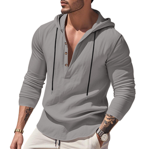 Chemise Homme 2025 Nouvelle Collection Printemps-Automne en Lin à Capuche Coupe Ample Décontractée Design Uni pour <span class=keywords><strong>Site</strong></span> Web Indépendant - Product Image 2