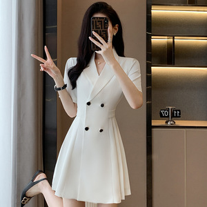White Suit Dress Women Spring Summer 2023 Professional Mid Length Fit And Flare Notched Neckline Solid Color Career Dress - Product Image 1