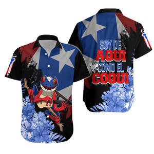 Camiseta Hawaiana de Puerto Rico Soy De Aquí Como El Coquí Personalizable con Nombre, Conjunto de Camiseta y Pantalones Cortos Coquí Puerto Rico - Product Image 1