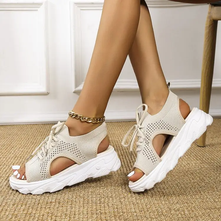 Moda Casual con plateau piatto Sandalias de Mujer Slip On maglia a maglia con sandali anteriori in pizzo scarpe da donna