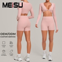 Ensemble de yoga personnalisé pour femme – Haut court à manches longues extensible dans 4 directions, leggings anti-transparence, shorts taille haute – Vêtements de sport à marque privée
