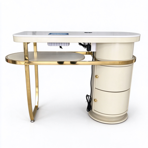 Luxury Gold Stainless Steel Frame Manicure Table With Built In Nail Dust Collector Cream <b>White</b> Nail Salon <b>Desk</b> With Storage - Product Image 6