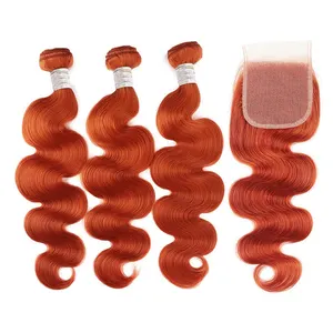 350 अदरक नारंगी रंग बंद होने के साथ कुंवारी बाल सीधे बंडलों शरीर लहर पेरू मानव बाल बंडलों के साथ फीता क्लोजर सेट