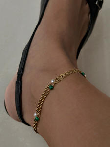 2023 minimalista placcato oro Non appannamento sicuro per l'acqua gioielli in acciaio inossidabile perla <span class=keywords><strong>Malachite</strong></span> cavigliera con catena a torsione con perline per le donne - Product Image 3