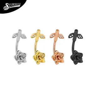 Superstar G23 Titanium Externally Threaded Belly Button Ring Rose-shaped Inlay Rhinestones PVD Navel Body Piercing Jewelry