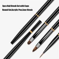 Ensemble de 3 pinceaux ronds en or noir pour nail art et manucure, pinceau rond pour nail art avec couvercle