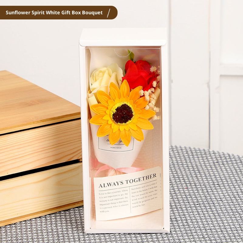 ช่อดอกไม้กล่องของขวัญสีขาวอารมณ์ดอกทานตะวัน