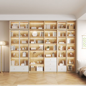 Custom <strong>Cream</strong> Style Full Wall Built-in <strong>Bookcase</strong> With LED Light Display Cabinet Living Room Floor Standing Storage Bookshelf - Product Image 2
