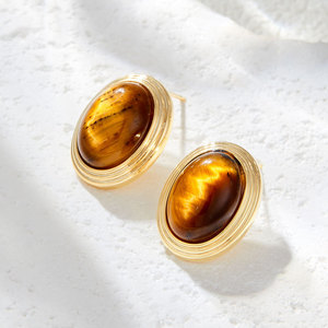 Oval Tiger's Eye Stud Earrings S925 Silver Needle Geometric Design For Women - Product Image 4