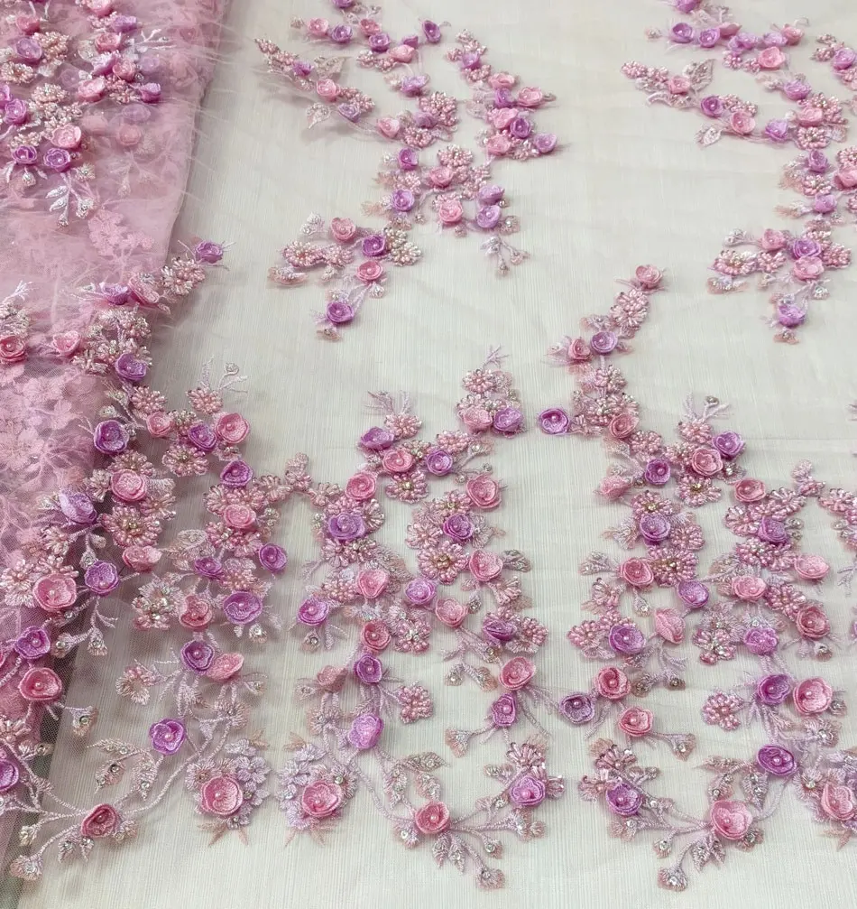Роскошная розовая Кружевная аппликация, цветочная ткань из 3D бисера, вышивка для платьев, дизайнерская ткань, высокое качество