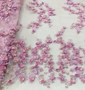 Luxe Roze Kant Applique 3d Kralen Bloemen Kant Stof Borduren Voor Jurken, Hoge Kwaliteit Designer Stof