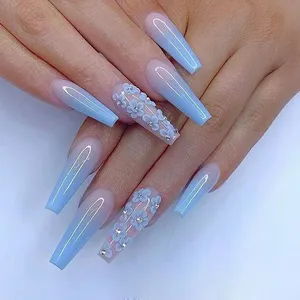 Punte per unghie finte sfumate a bara lunga a copertura totale fiori blu fatti a mano 3D unghie finte fornitori fascino unico stampa sulle unghie
