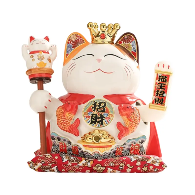 Adornos artesanales de cerámica china al por mayor Maneki Neko gato de la suerte japonés de 9 pulgadas