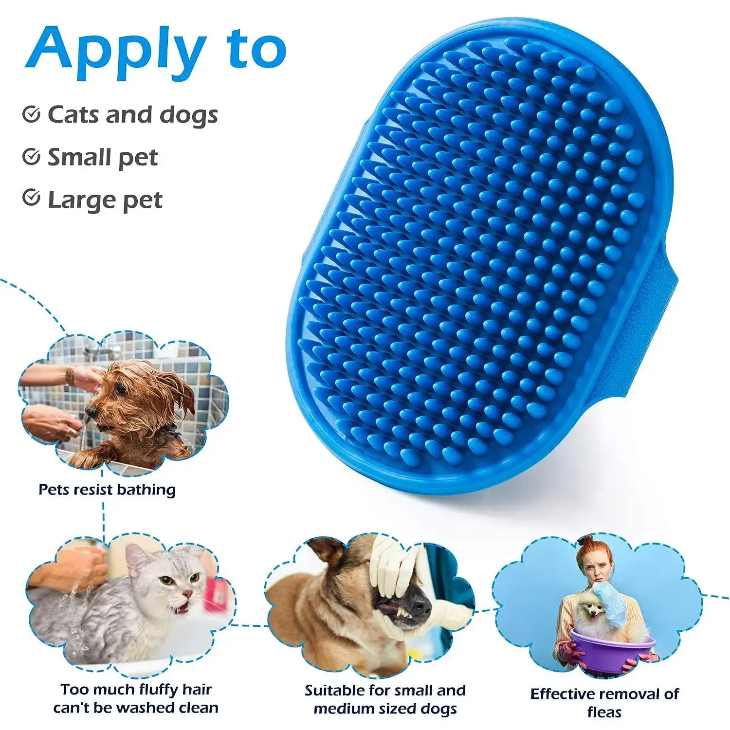 Cepillo de baño para champú para mascotas, peine de goma para masaje calmante con mango de anillo ajustable para perros y gatos de pelo largo y corto