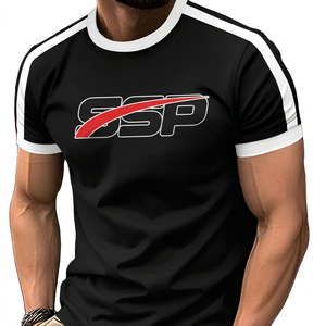 T-shirt noir à manches courtes pour homme avec bordure blanche, coupe classique, col rond, imprimé décontracté, tricoté 200g, en polyester vierge - Product Image 1