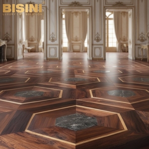 Revêtement de sol sur mesure de qualité muséale pour propriétés de luxe : Hexagones en marbre Verde et mosaïque en bois de rose Santos avec finition en laiton ajustée à la main - Product Image 1