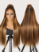 Vietnamien Pre-Max 13x4 Transparent pour Dentelle Frontale Demi Queue De Cheval Perruque Os Droite Brun Caramel Faits Saillants En Cheveux Humains