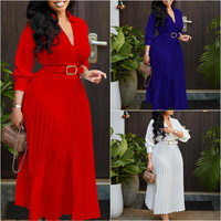 D472 Robe Printanière Tendance pour Femmes, Élégante à Manches Longues, Col en V, Plissée, de Bureau ou Décontractée, avec Ceinture