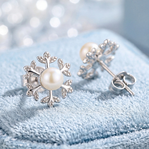 Snowflake Freshwater Pearl <b>Studs</b> <b>Silver</b> Plated Copper Jewelry Elegant Winter Holiday Gift for Women - Product Image 4