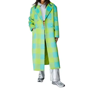 Custom New Arrival Women Winter Warm Wool Coats Classic Green Plaid Pattern Notched Collar Cozy Longline Trench Coats For Ladies