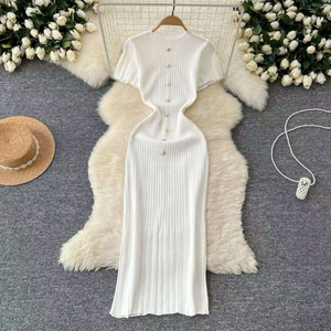 <span class=keywords><strong>Vestido</strong></span> de punto personalizado para <span class=keywords><strong>mujer</strong></span>, estilo nuevo, de alta gama, cuello redondo, un solo botón, manga corta, corte francés ajustado - Product Image 3