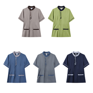 Uniforme Elástico para <span class=keywords><strong>Servicio</strong></span> Doméstico, Hospital, Hotel, Limpieza, Conjunto de Blusa y Pantalón a Rayas con Cuello en V, Marca Privada - Product Image 5