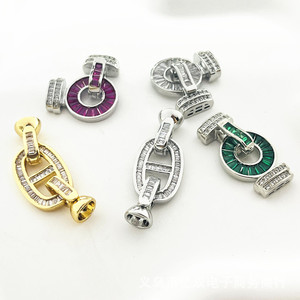 Cierre de pulsera con microincrustaciones de piedras, chapado en cobre de 18k, accesorios de joyería DIY para hacer pulseras, forma de cadena, dorado, plateado, verde - Product Image 2
