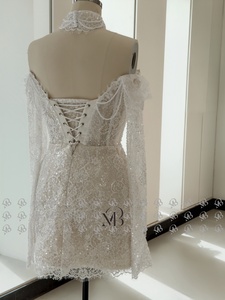 Abito <span class=keywords><strong>da</strong></span> Sposa Mini in Pizzo con Corsetto Basque e Maniche <span class=keywords><strong>a</strong></span> Spalla Scoperta Mily Bridal MQW02285 - Product Image 3