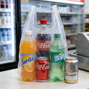 ถุงหิ้วแบบเสื้อกั๊ก HDPE เกรดอาหาร ทนทาน พร้อมหูหิ้วยาวถึงมือ ขนาดและบรรจุภัณฑ์สั่งทำได้ สำหรับร้านอาหารแบบซื้อกลับบ้าน - Product Image 1