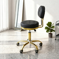 Tabourets de Luxe Noirs et Dorés pour Techniciennes Ongulaires, Tabouret Rond de Salon, Petit Tabouret de Luxe pour Esthéticiennes avec Selle et Support Dorsal