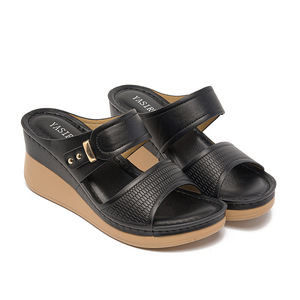 Blue PU Wedge Sandals <b>Open</b> <b>Toe</b> Elastic Band Closure Mid <b>Heel</b> <b>Platform</b> Summer Shoes Breathable Anti-Slip Height Increasing - Product Image 4